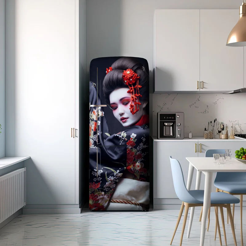 Kühlschrankaufkleber elegantes geisha-porträt in rotem und schwarzem kimono