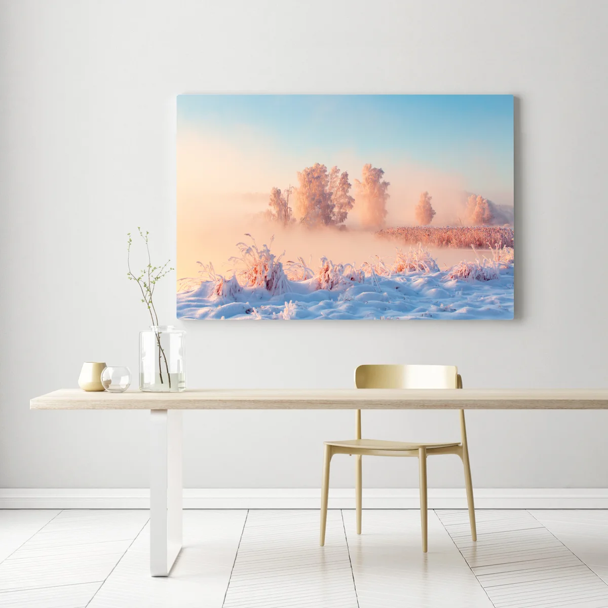 Leinwandbild winterlicher sonnenaufgang über einer frostigen wiese Leinwandbild winterlicher sonnenaufgang über einer frostigen wiese