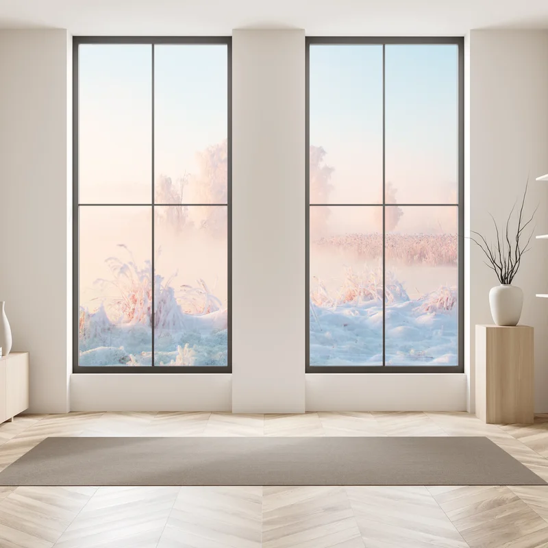 Fensteraufkleber winterlicher sonnenaufgang über einer frostigen wiese