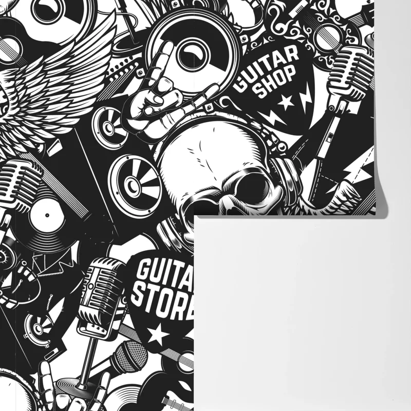 Fototapete rock-collage mit schädel und gitarre Fototapete rock-collage mit schädel und gitarre