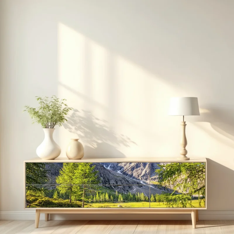 Repositionierbarer Aufkleber alpine wiese mit bergbach