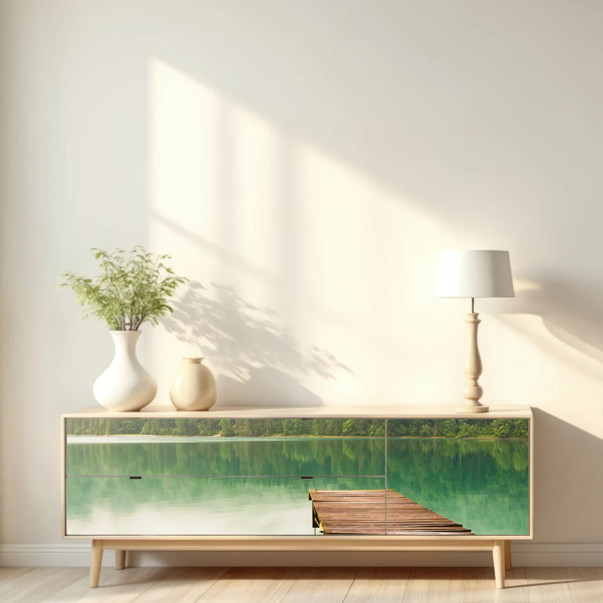 Repositionierbarer Aufkleber nebliger see mit hölzernem steg Repositionierbarer Aufkleber nebliger see mit hölzernem steg