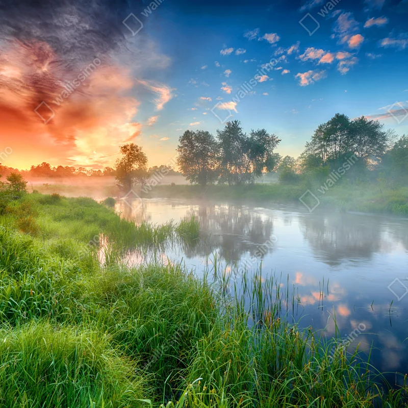 Schrankaufkleber nebel bei sonnenaufgang am flussufer Schrankaufkleber nebel bei sonnenaufgang am flussufer