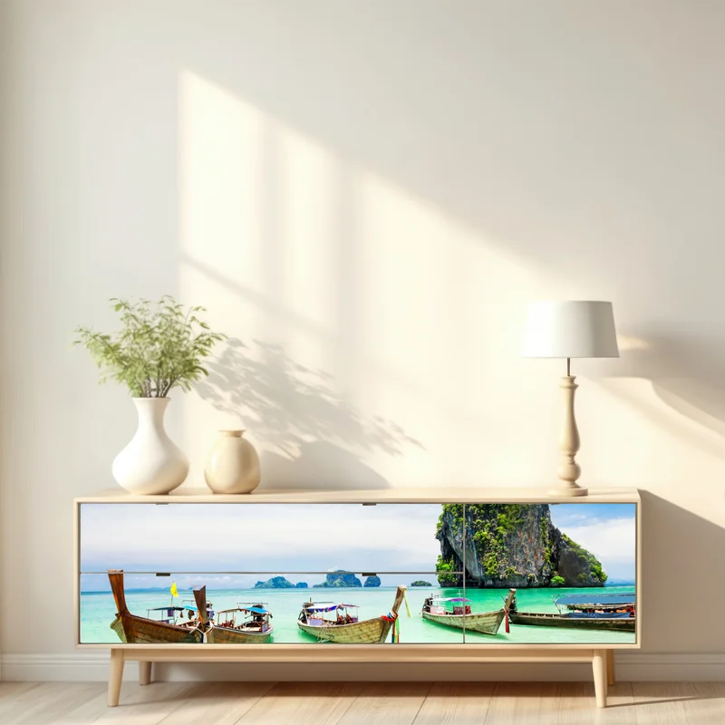 Repositionierbarer Aufkleber tropische longtail-boote am türkisfarbenen strand