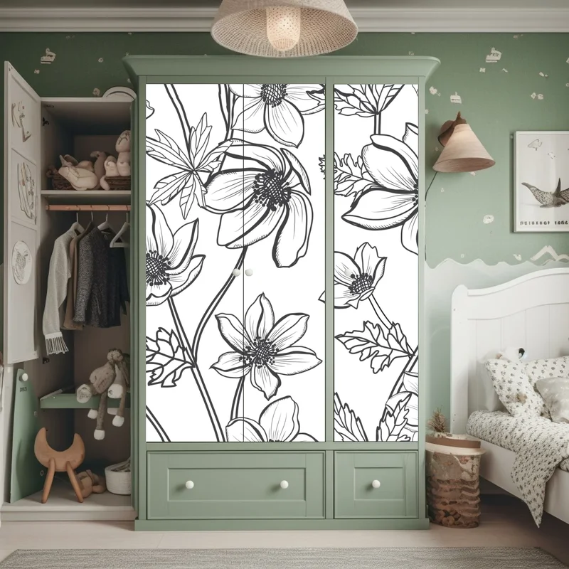 Schrankaufkleber botanische linienzeichnung mit blumen