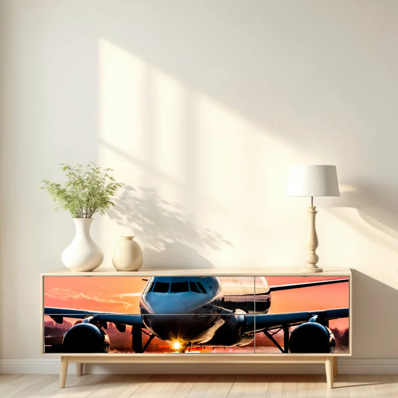 Repositionierbarer Aufkleber jet im sonnenuntergang auf der startbahn Repositionierbarer Aufkleber jet im sonnenuntergang auf der startbahn