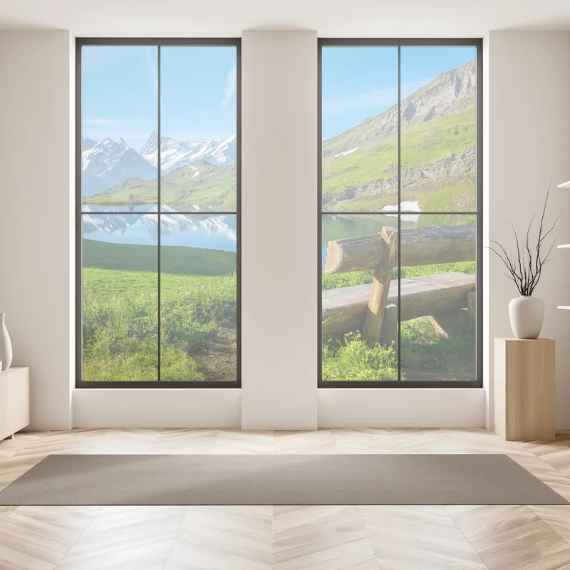 Fensteraufkleber alpensee mit hölzerner bank Fensteraufkleber alpensee mit hölzerner bank