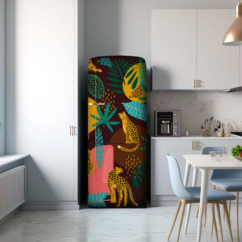 Kühlschrankaufkleber tropisches gepardenmuster mit lebhaften blättern