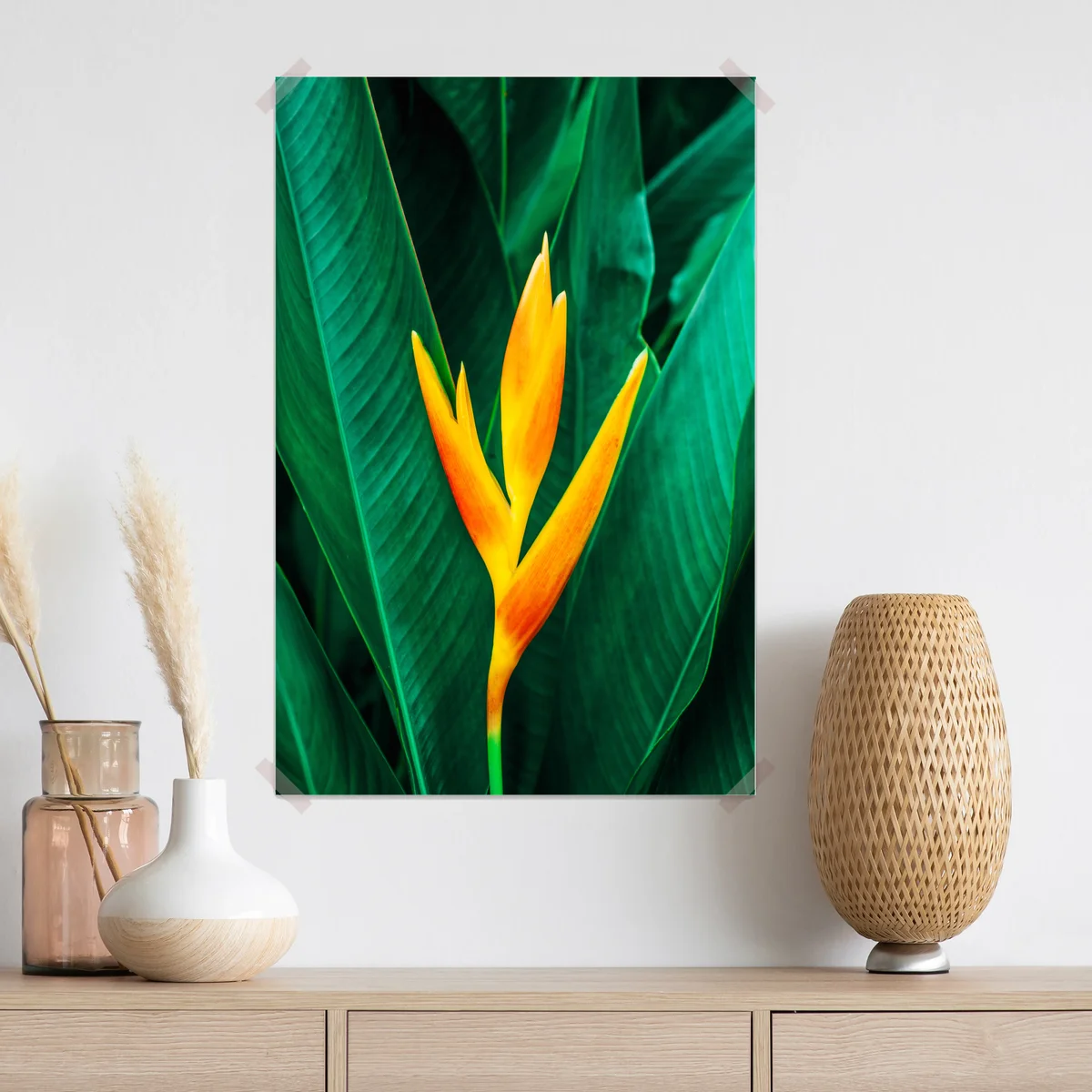 Poster leuchtende tropische heliconia vor satten grünen blättern Poster leuchtende tropische heliconia vor satten grünen blättern