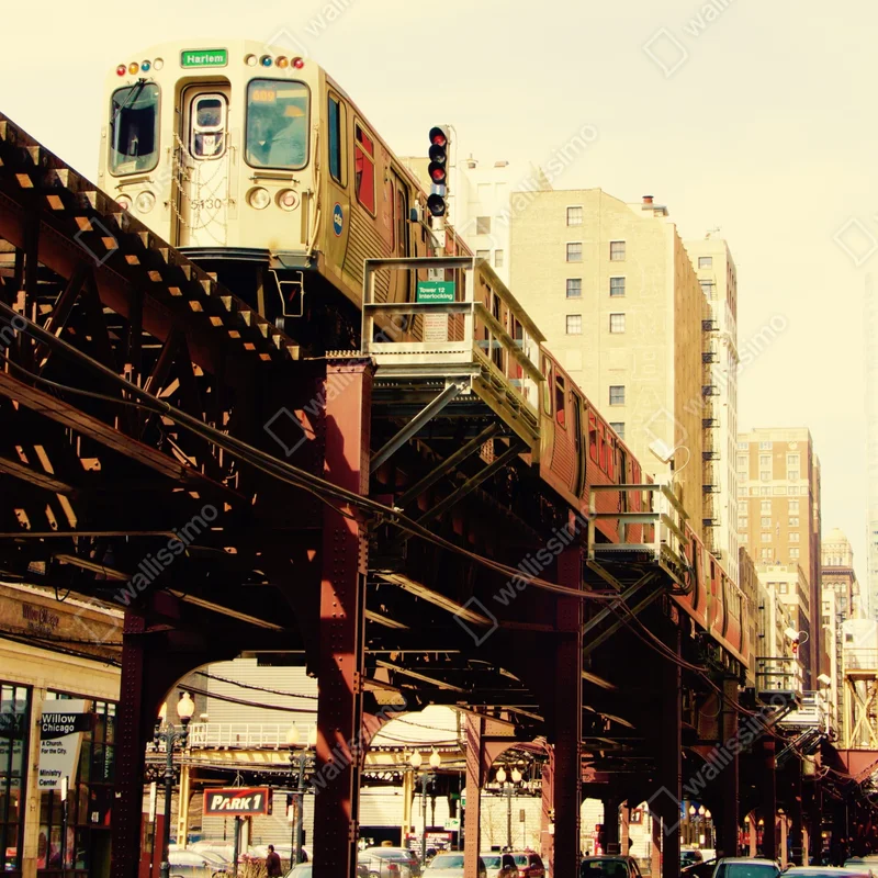 Leinwandbild retro hochbahn über der stadtstraße Leinwandbild retro hochbahn über der stadtstraße