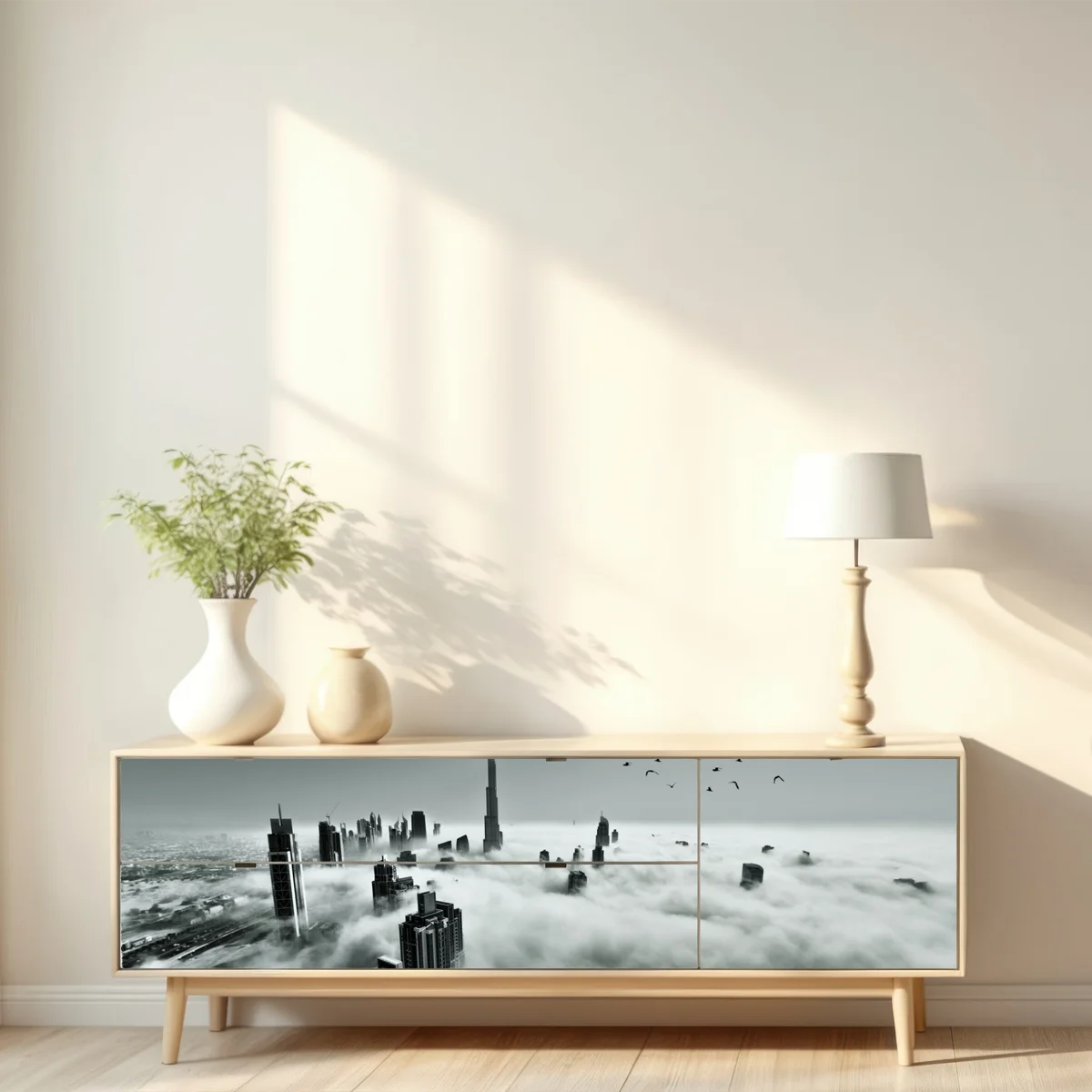 Repositionierbarer Aufkleber neblige skyline von Dubai über den wolken Repositionierbarer Aufkleber neblige skyline von Dubai über den wolken