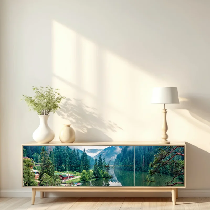 Repositionierbarer Aufkleber nebliger morgen am Lacu Rosu