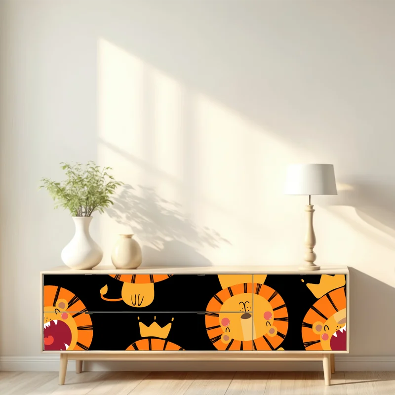 Repositionierbarer Aufkleber verspieltes löwenmuster auf schwarzem hintergrund