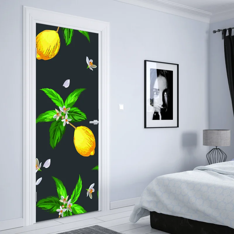 Türaufkleber leuchtendes zitronenmuster mit grünen blättern