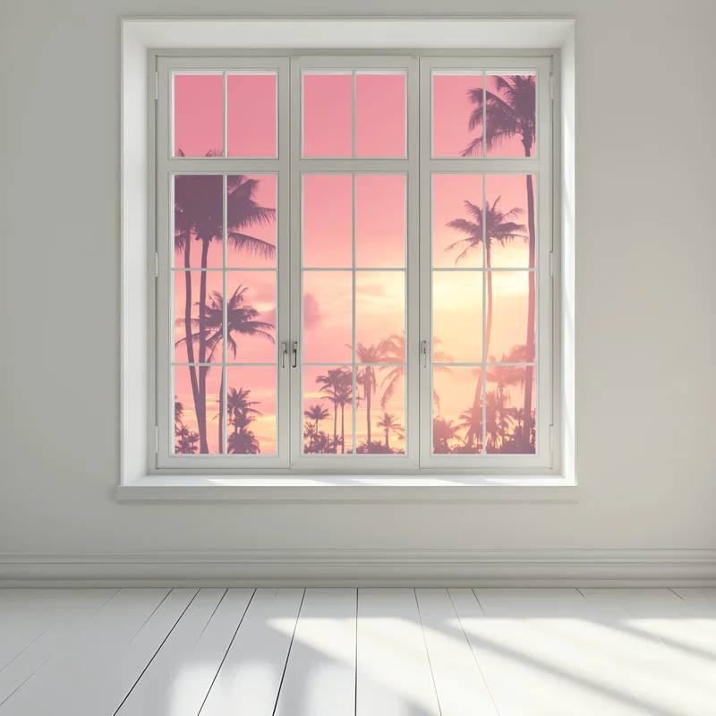 Fensteraufkleber rosa tropischer sonnenuntergang mit palmen Fensteraufkleber rosa tropischer sonnenuntergang mit palmen