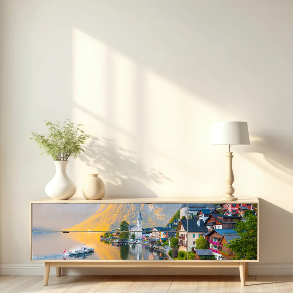 Repositionierbarer Aufkleber morgendlicher lichtglanz über Hallstatt am see Repositionierbarer Aufkleber morgendlicher lichtglanz über Hallstatt am see