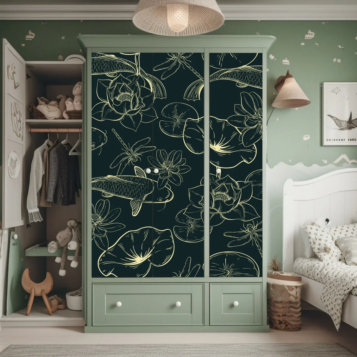 Schrankaufkleber handgezeichnetes koi- und lotusmuster Schrankaufkleber handgezeichnetes koi- und lotusmuster