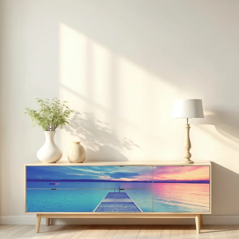 Repositionierbarer Aufkleber pastellsteg am see bei sonnenuntergang