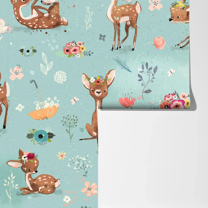 Fototapete pastellmuster mit rehkitzen und hasen Fototapete pastellmuster mit rehkitzen und hasen