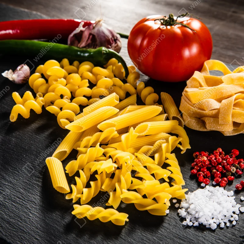 Poster verschiedene trockene nudeln und frische zutaten Poster verschiedene trockene nudeln und frische zutaten