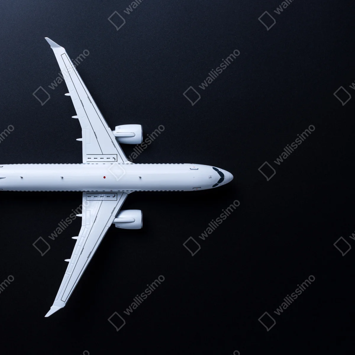 Repositionierbarer Aufkleber weißes flugzeug von oben auf schwarzem hintergrund Repositionierbarer Aufkleber weißes flugzeug von oben auf schwarzem hintergrund