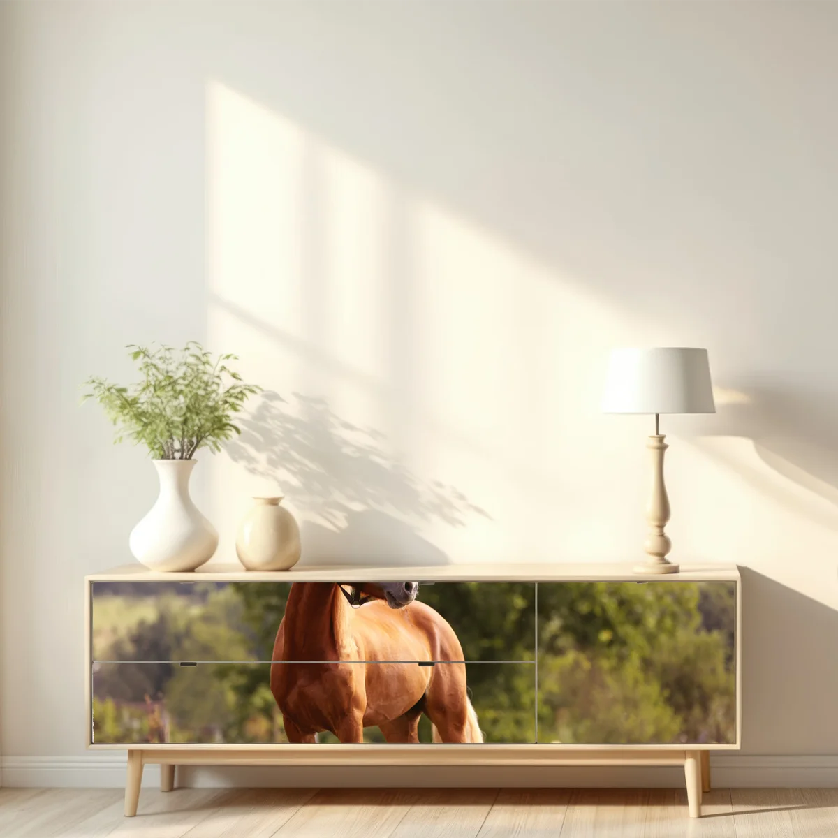 Repositionierbarer Aufkleber majestätisches kastanienbraunes pferd auf sommerlicher wiese Repositionierbarer Aufkleber majestätisches kastanienbraunes pferd auf sommerlicher wiese