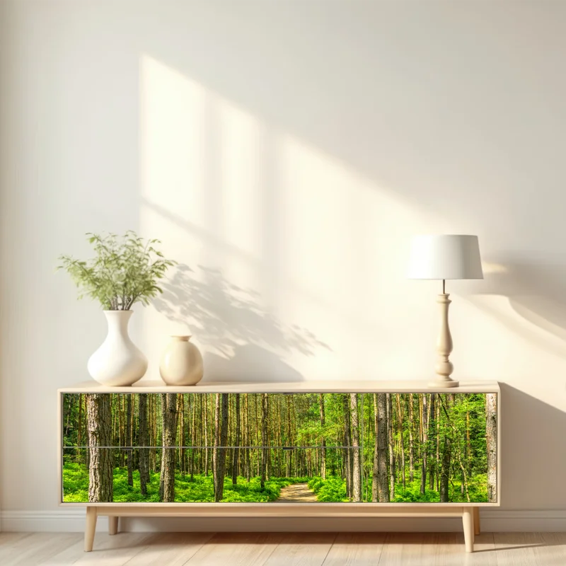 Repositionierbarer Aufkleber sonniger waldweg zwischen kiefern