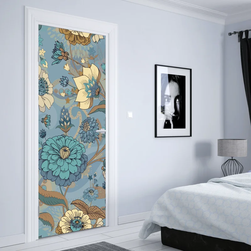 Türaufkleber vintage-blumenmuster in gedämpften blau- und beigetönen Türaufkleber vintage-blumenmuster in gedämpften blau- und beigetönen