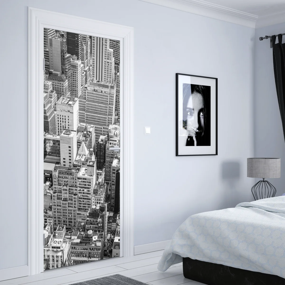 Türaufkleber luftaufnahme einer städtischen skyline in schwarzweiß Türaufkleber luftaufnahme einer städtischen skyline in schwarzweiß