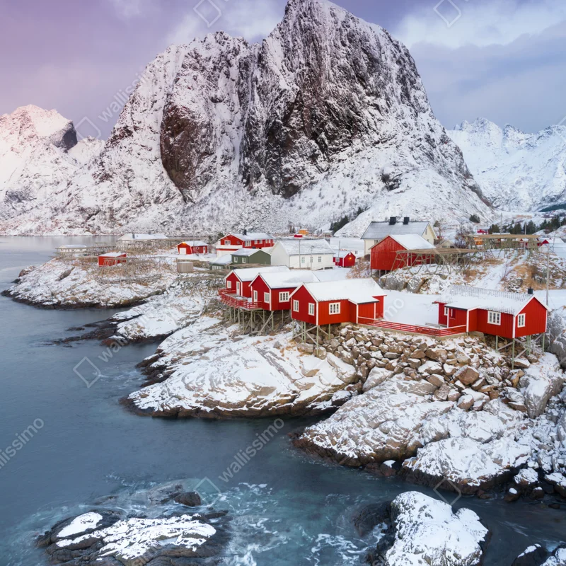 Kühlschrankaufkleber rote küstenhäuser vor schneebedecktem berg Kühlschrankaufkleber rote küstenhäuser vor schneebedecktem berg