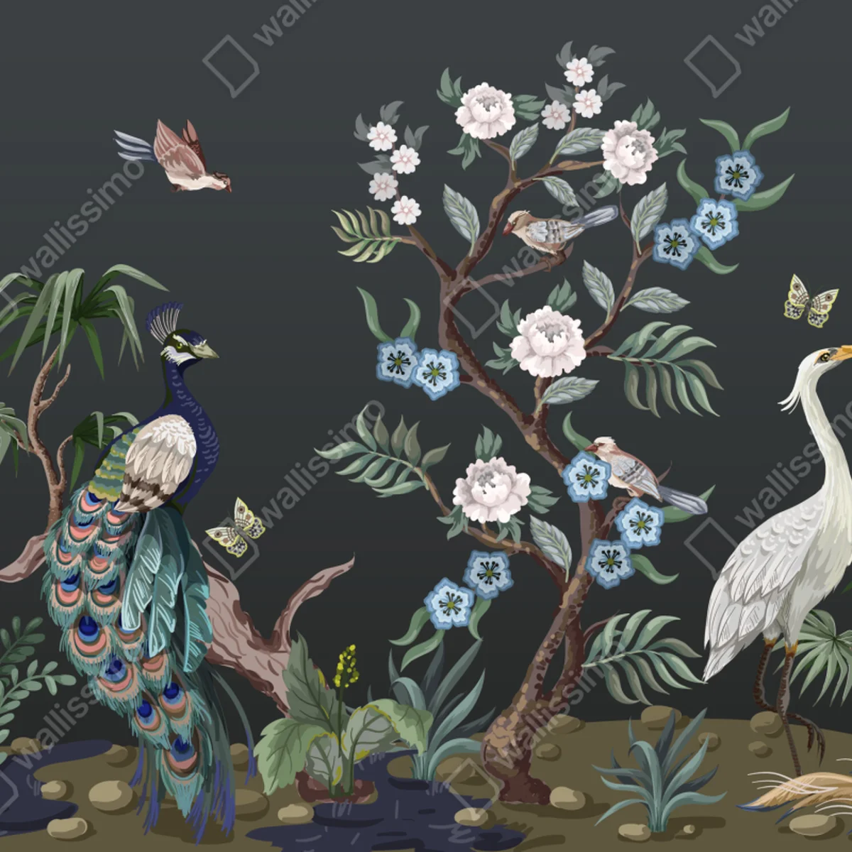 Fototapete pfau und reiher im blumenmuster Fototapete pfau und reiher im blumenmuster