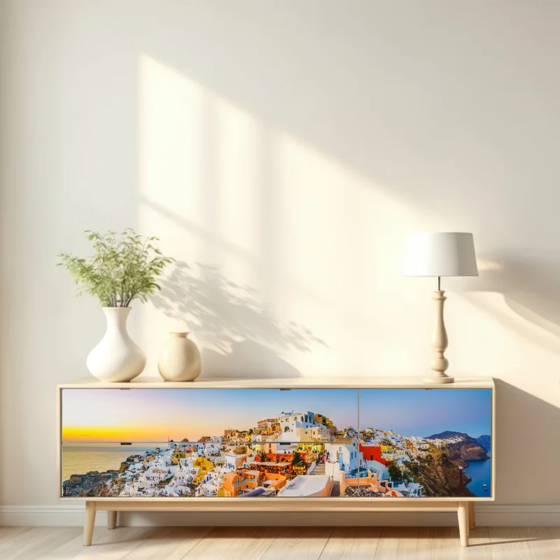 Repositionierbarer Aufkleber sonnenuntergang über Santorini panoramaansicht