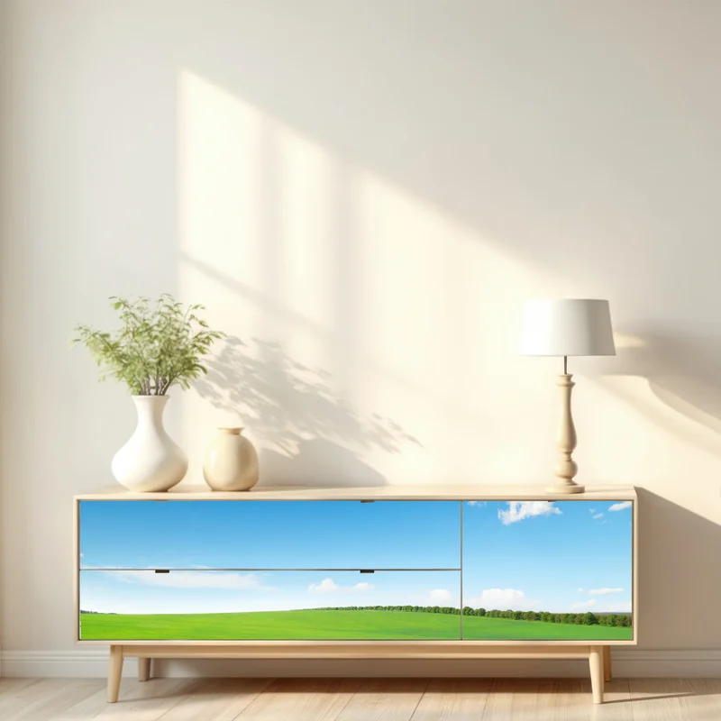 Repositionierbarer Aufkleber ruhige grüne wiese unter blauem himmel