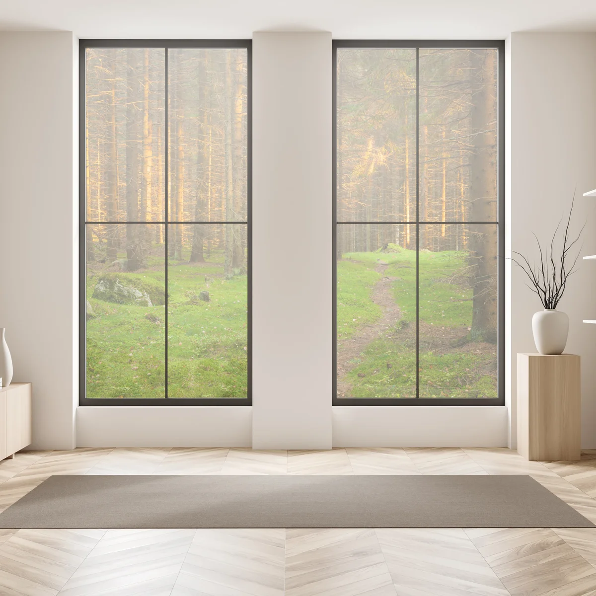 Naklejka na okno złote światło lesie sosnowym porośniętym mchem Naklejka na okno złote światło lesie sosnowym porośniętym mchem