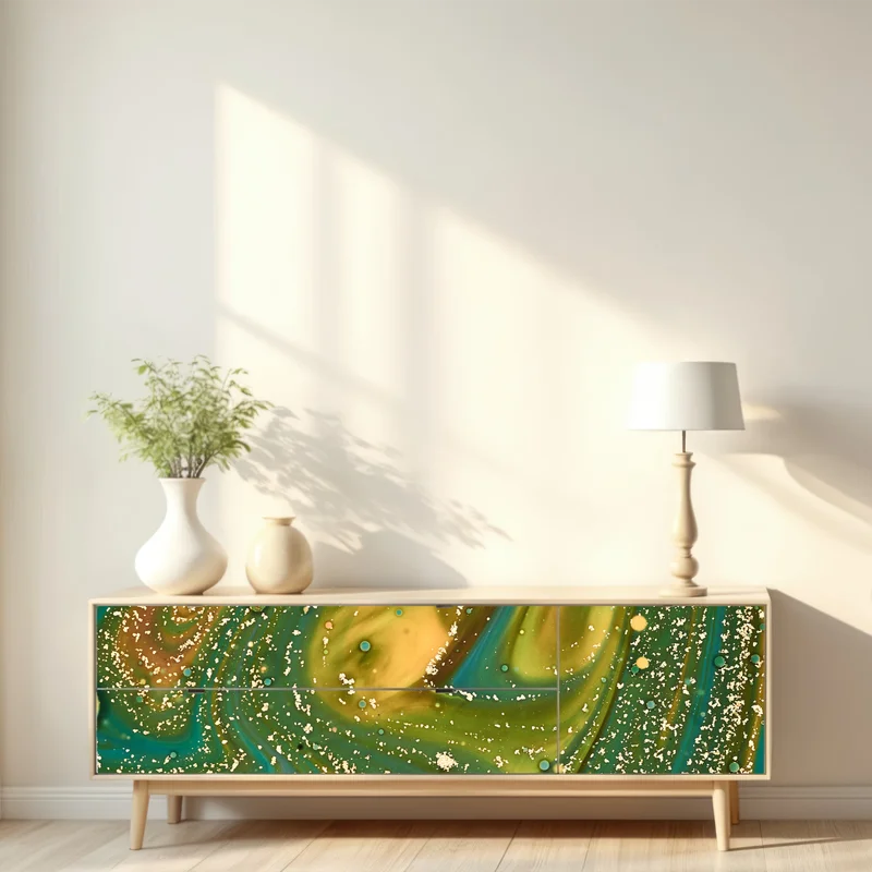 Repositionierbarer Aufkleber grün-goldene flüssige marmorierte kunst
