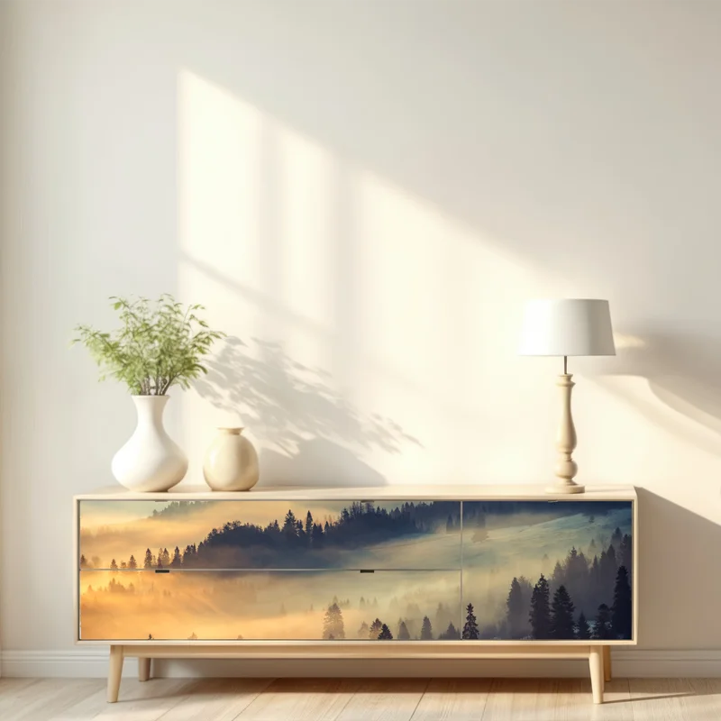 Repositionierbarer Aufkleber nebliger bergwald im sonnenaufgang Repositionierbarer Aufkleber nebliger bergwald im sonnenaufgang