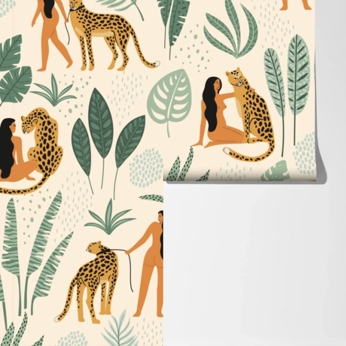 Fototapeta egzotyczny wzór z gepardami i liśćmi Fototapeta egzotyczny wzór z gepardami i liśćmi