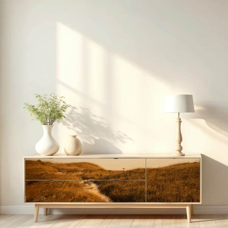 Repositionierbarer Aufkleber sonnenbeschienener weg durch die dünen