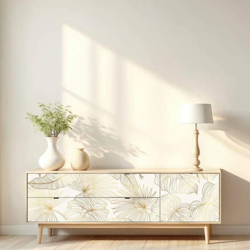 Repositionierbarer Aufkleber goldene tropische blätter auf beigem hintergrund