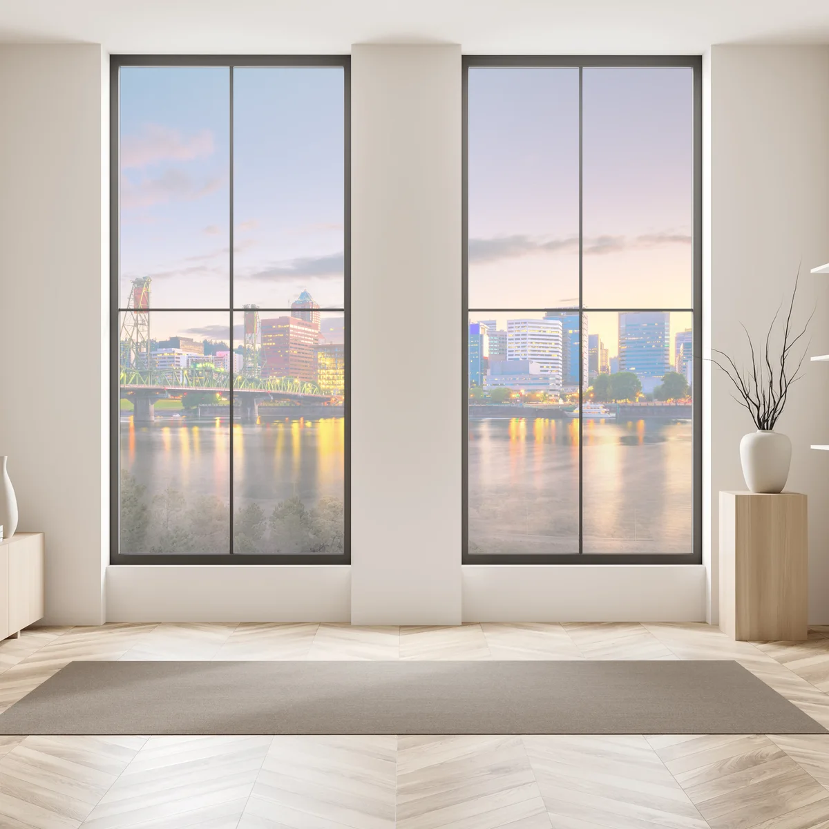 Naklejka na okno Portland panorama miasta o zmierzchu nad rzeką Willamette Naklejka na okno Portland panorama miasta o zmierzchu nad rzeką Willamette