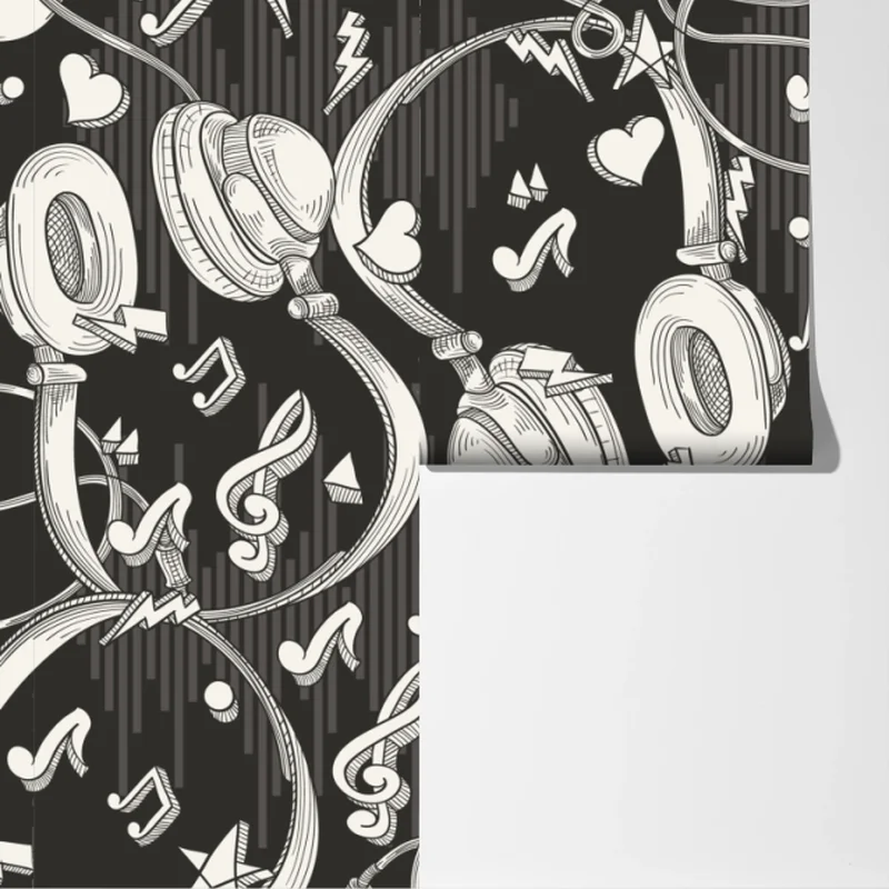 Fototapete monochromatisches muster mit kopfhörern und noten Fototapete monochromatisches muster mit kopfhörern und noten