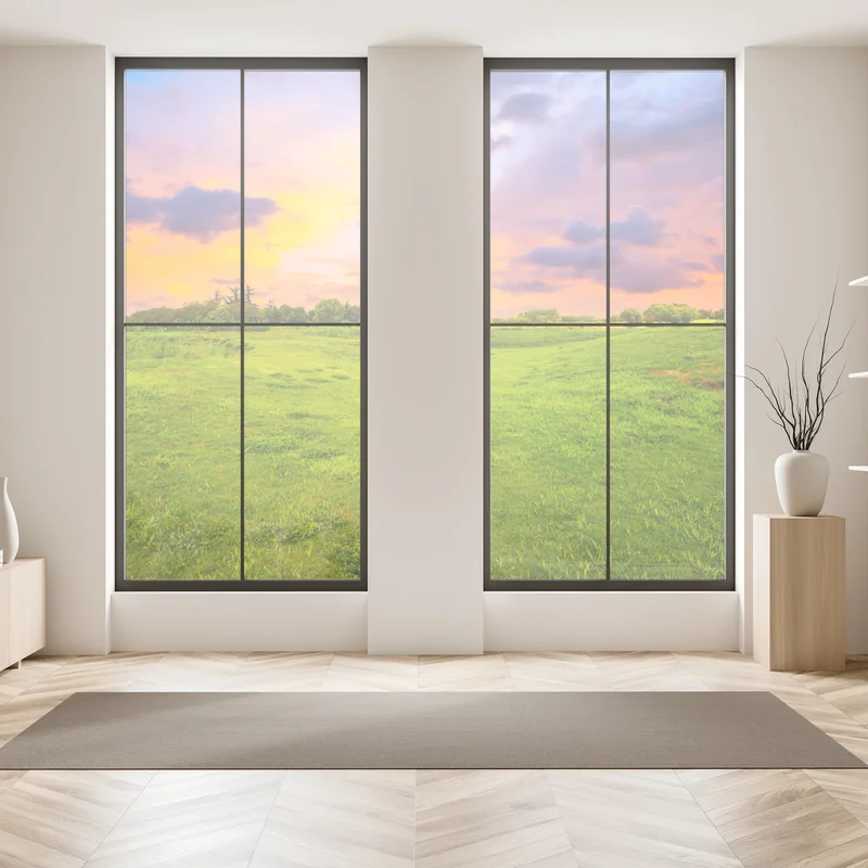 Fensteraufkleber sonnenuntergang über grüner wiese