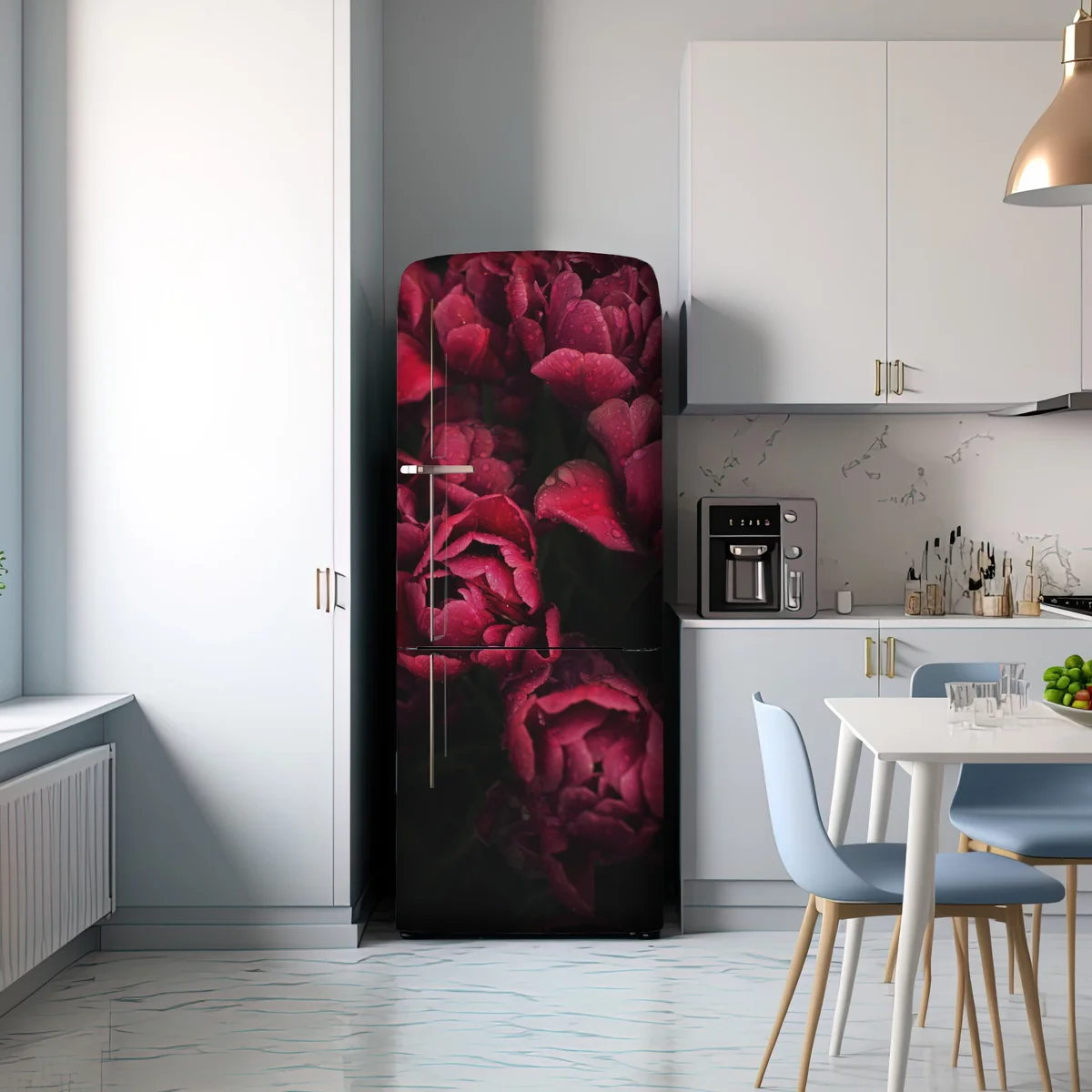 Kühlschrankaufkleber tiefrote blüten mit wassertropfen Kühlschrankaufkleber tiefrote blüten mit wassertropfen