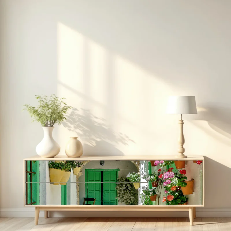 Repositionierbarer Aufkleber sonniger innenhof mit blumen und grünen türen