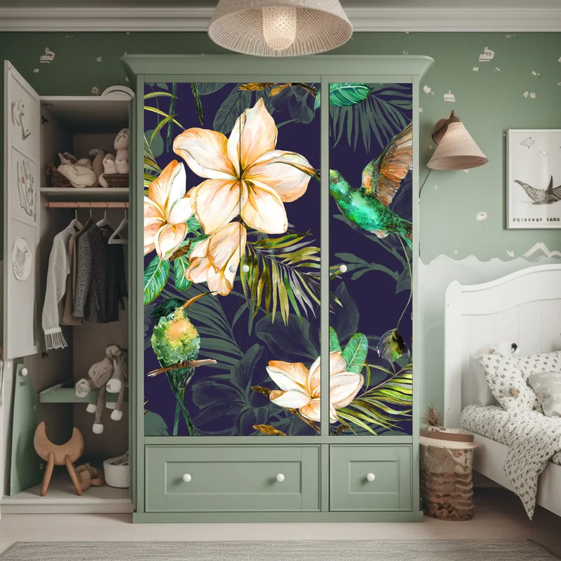 Schrankaufkleber tropische kolibris und plumeria in aquarell Schrankaufkleber tropische kolibris und plumeria in aquarell