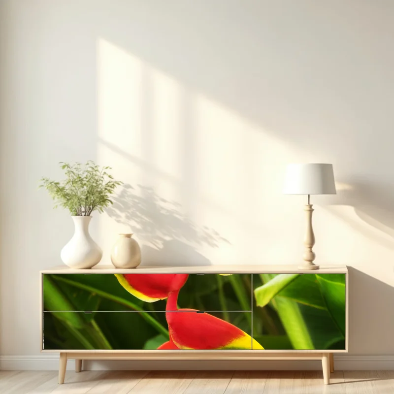 Repositionierbarer Aufkleber leuchtende heliconia im tropischen laub