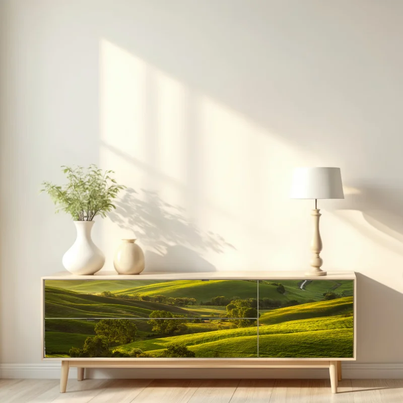 Repositionierbarer Aufkleber sonnenbeschienene grüne hügel