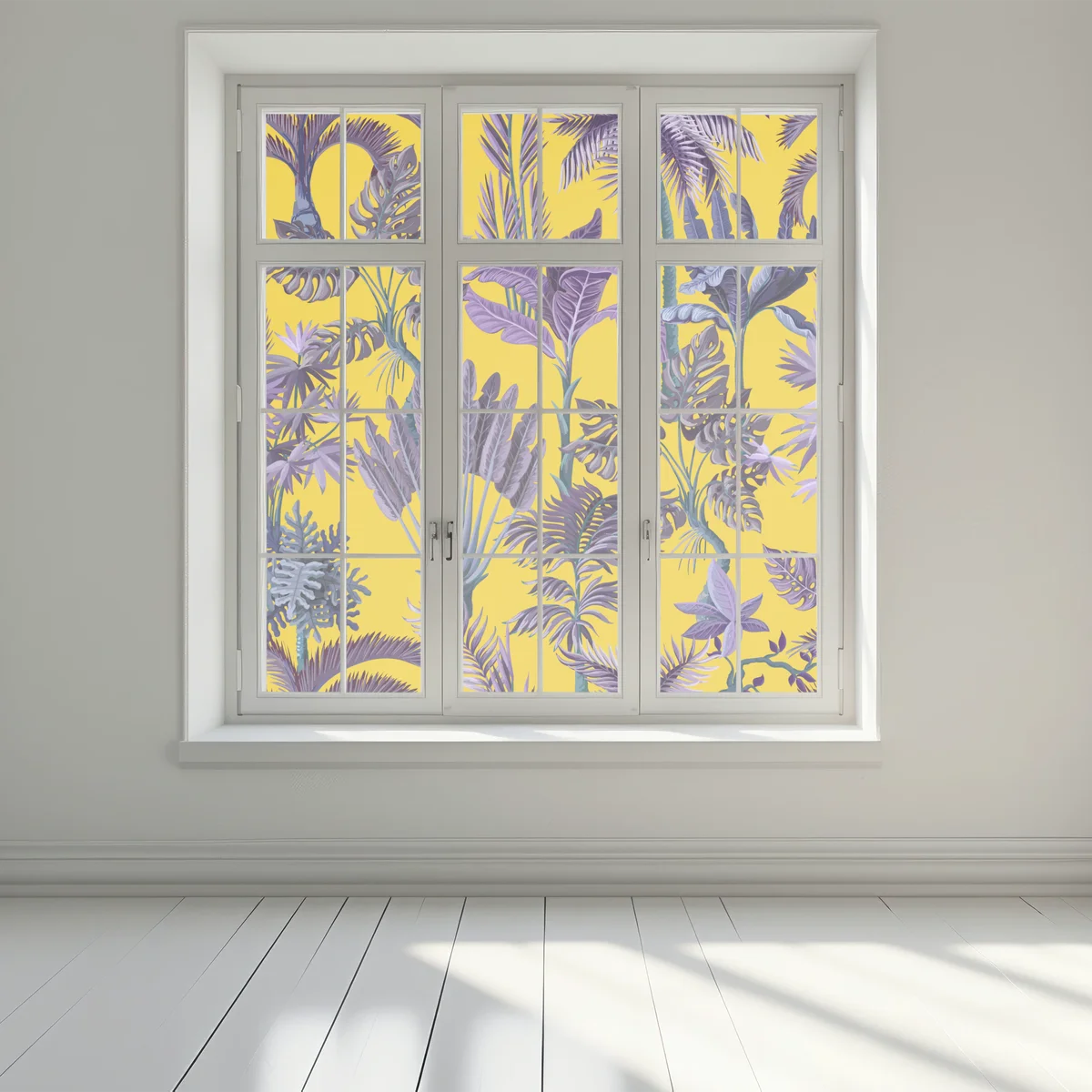 Fensteraufkleber tropische lila blätter auf gelbem hintergrund Fensteraufkleber tropische lila blätter auf gelbem hintergrund