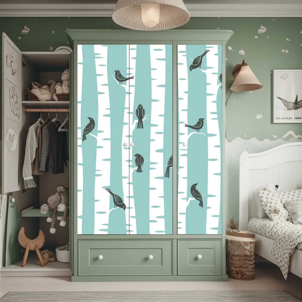 Schrankaufkleber türkis birkenwald mit vögeln Schrankaufkleber türkis birkenwald mit vögeln