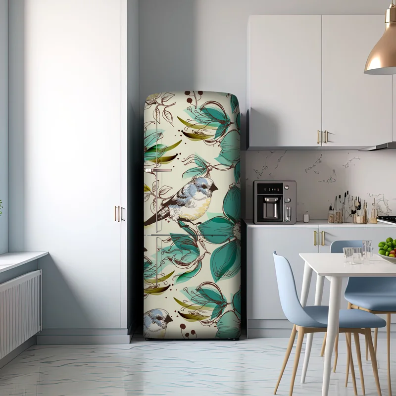 Kühlschrankaufkleber retro türkis blumen- und vogelmuster